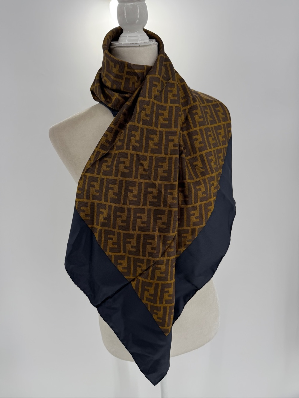 Fendi Brown and Blue Monogram Handrolled Silk Scarf NWT